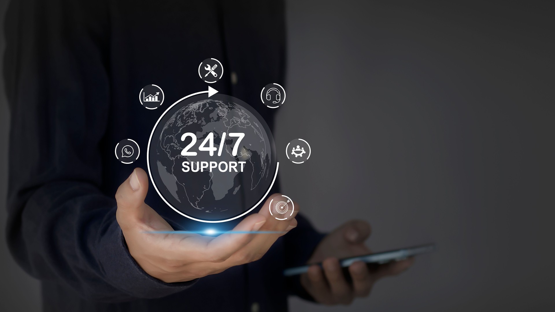 Businessman holds virtual 24-7 with clock in hand for non-stop and full-time global contacts. Dynamic customer service concept